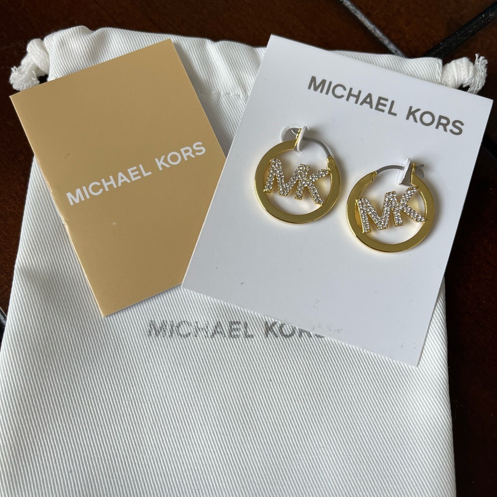 Michael Kors Gold-Tone Plated Brass Pave Logo Hoop Earrings